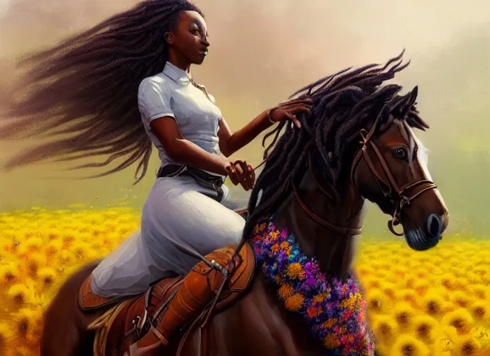 Image similar to full body portrait of young black woman riding a horse, flowing dreads, beautiful clydesdale, field of colorful flowers, highly detailed, digital painting, artstation, concept art, smooth, sharp focus, illustration, face by wlop, illustrated by mars ravelo and greg rutkowski