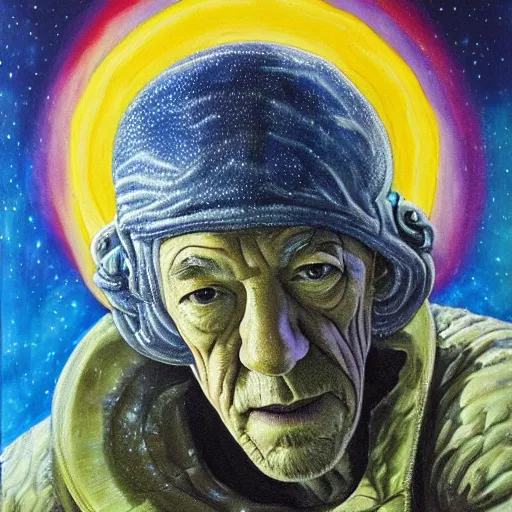 Image similar to painting of ian mckellen as terrorist from jupiter fighting an alien invasion in deep space, the aliens have long thick slimey amorphous tentacles, highly detailed, award painting, 8 k, alien landscape