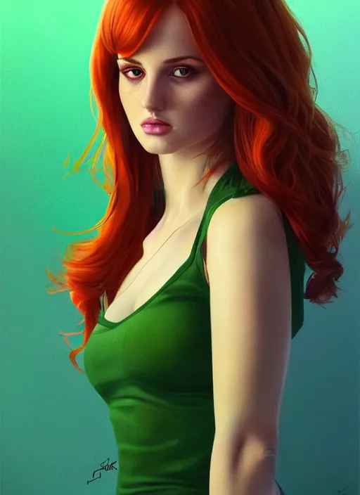 Image similar to full body portrait of teenage cheryl blossom, bangs, green eyes, mischievous expression, red hair, sultry smirk, bangs and wavy hair, intricate, elegant, glowing lights, highly detailed, digital painting, artstation, concept art, smooth, sharp focus, illustration, art by wlop, mars ravelo and greg rutkowski