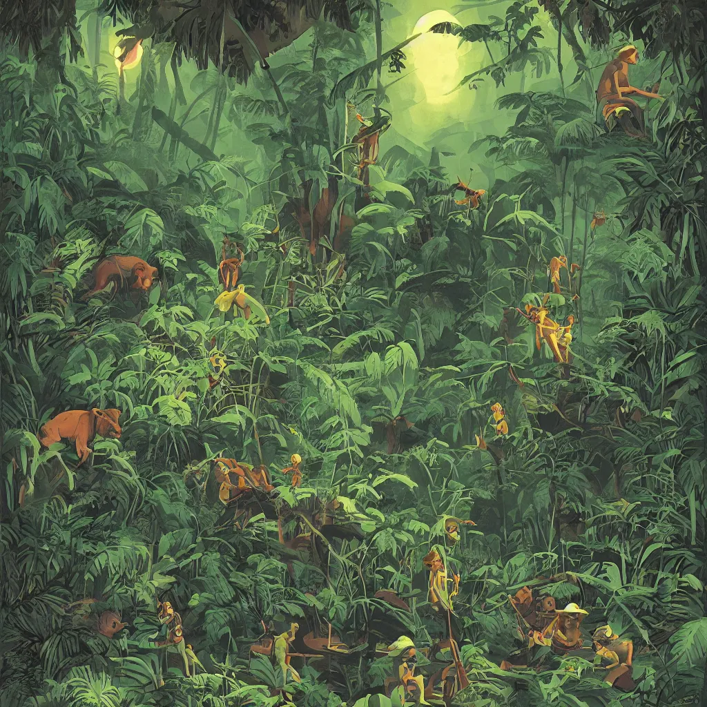 Prompt: Explorers in the dark jungle by Tom Hammick