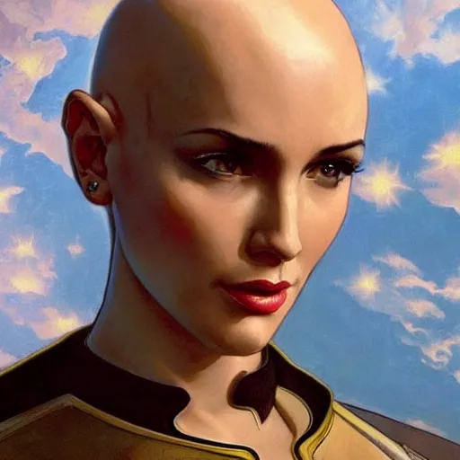 Image similar to a bald serbian!!! young woman as a star trek captain, a still from star trek painted by artgerm and greg rutkowski and alphonse mucha. clear highly detailed face, beautiful sci fi art