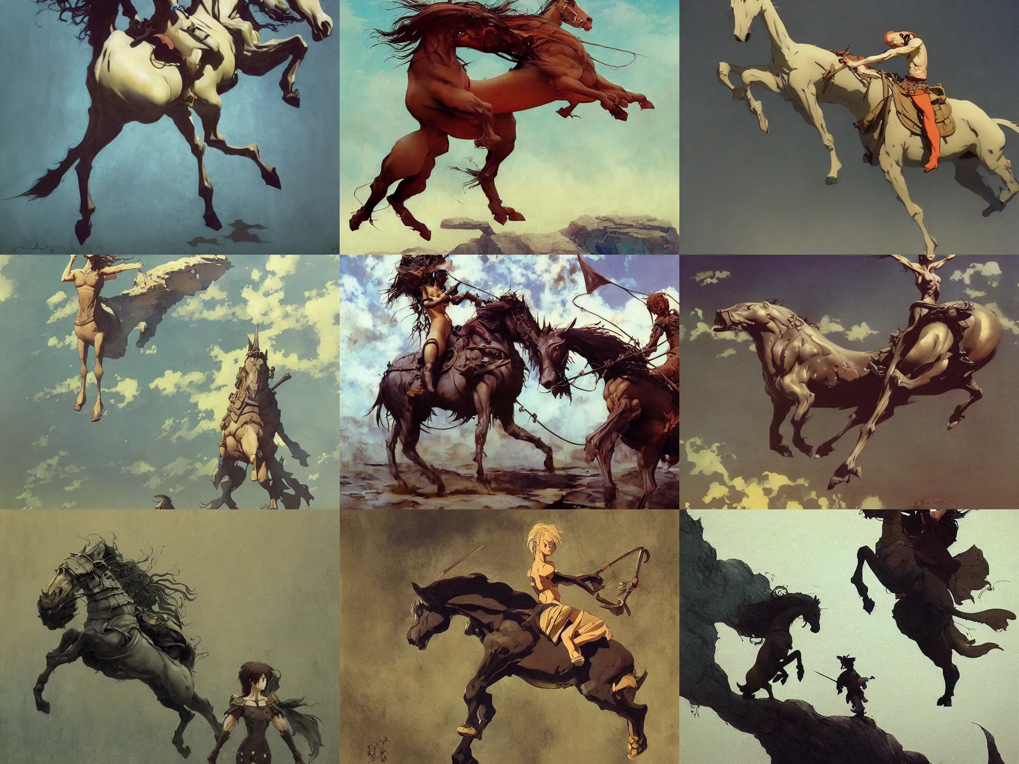 Prompt: concept art, trending on artstation, 3d, horses, fantasy, social realism, barocco, Frank Frazetta, Denis Sarazhin, klimt, Dean Ellis, Detmold Charles Maurice, levitation, 1993 anime, studio ghibli, cartoon, simple form, brutal shapes