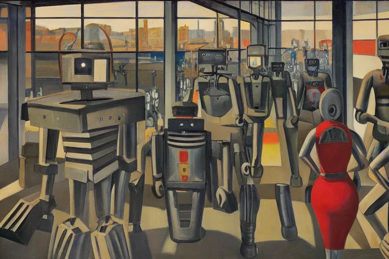 Image similar to drab slave human workers building robots, watched by fascist robots, brutalist factory, dystopian, pj crook, edward hopper, oil on canvas