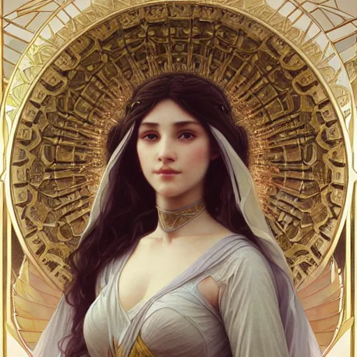 Image similar to portrait of etheral goddess, intricate, elegant, highly detailed, digital painting, artstation, concept art, smooth, sharp focus, illustration, art by artgerm and greg rutkowski and alphonse mucha and william - adolphe bouguereau and stephanie law