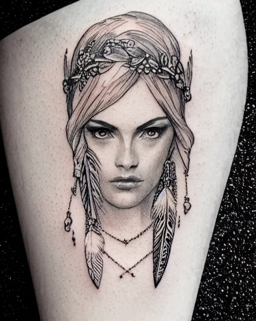 Image similar to tattoo sketch of beautiful greek goddess aphrodite with arrowhead earrings, beautiful feather jewelry, beautiful piercing eyes, flowing blonde hair, realistic face, hyper realistic, in the style of greg rutkowski, fantasy, amazing detail, epic, elegant, smooth, sharp focus, from the front