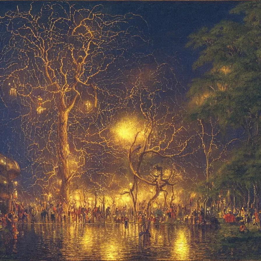 Image similar to closeup of a night carnival around a magical in a summer storm, tree cavity with a music scenario with many fireworks and christmas lights, next to a lake with iridiscent lake water, volumetric lightning, folklore people disguised with fantastic creatures in a magical forest by summer night, masterpiece painted by paul gustav fischer, scene by dark night environment, refraction lights, five star stories