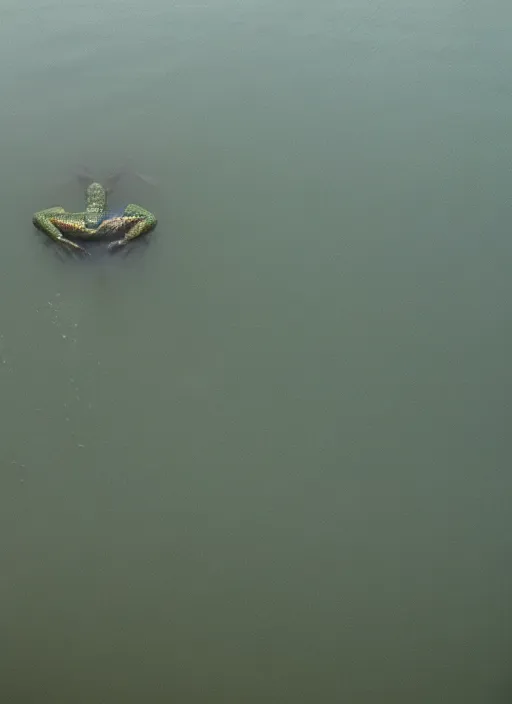 Image similar to semi translucent smiling frog amphibian hovering over misty lake in Jesus Christ pose, cinematic shot by Andrei Tarkovsky, paranormal, spiritual, mystical