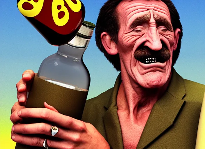 Image similar to barry chuckle chugging a bottle of snake oil, artwork by richard corben, 3 d, high resolution 8 k