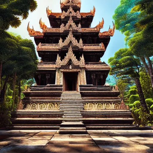 Image similar to 1 6 k unreal engine render of an ancient never seen before thailand high detail temple. complex architecture with intricate pilars. high detailed water., river, jungle background. afternoon light. hyper realistic render, digital illustration, trending on art station