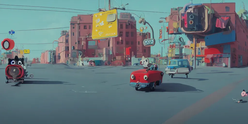 Prompt: cute cartoon dog driving a car by goro fujita and simon stalenhag and wes anderson and alex andreev and chiho aoshima and beeple and banksy and kandinsky and magritte and basquiat and picasso, 8 k, trending on artstation, hyper detailed, cinematic