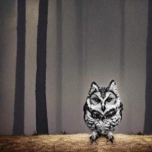 Prompt: mixture between an! owl and wolf, photograph captured in a dark forest