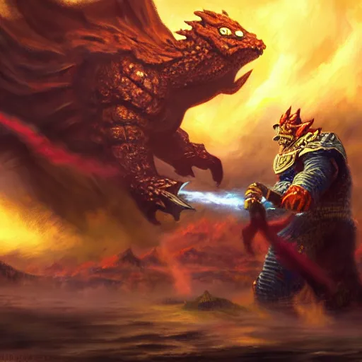 Prompt: ganondorf fighting Godzilla, oil painting, 4k, trending on artstation