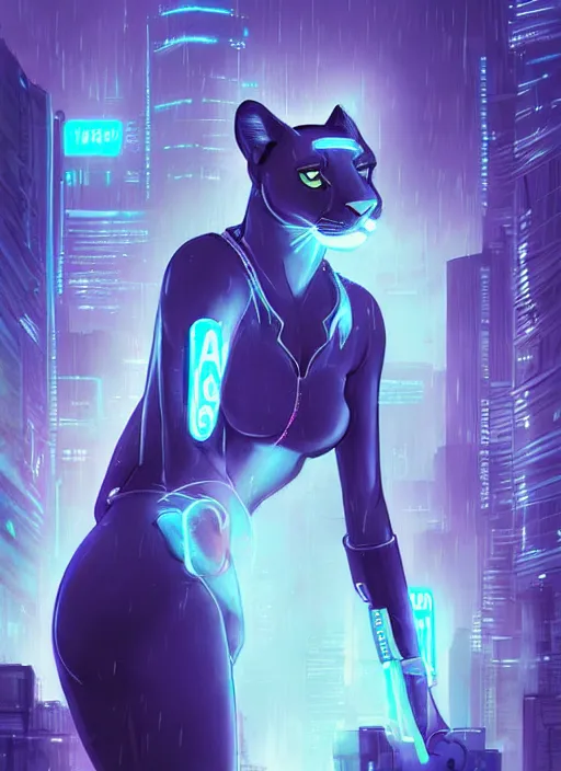 Prompt: beautiful portrait commission of a female furry anthro panther fursona wearing a police uniform. Cyberpunk city at night in the rain. Neon light. Atmospheric. Character design by charlie bowater, ross tran, artgerm, and makoto shinkai, detailed, inked, western comic book art