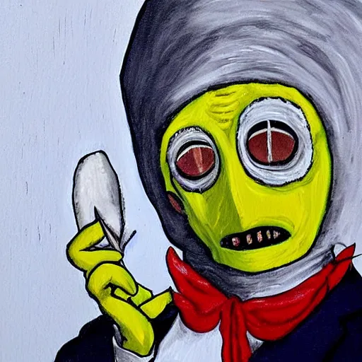 Image similar to pulcinella looks like mr burns, white clothing, mask, painted by antoinette kelly