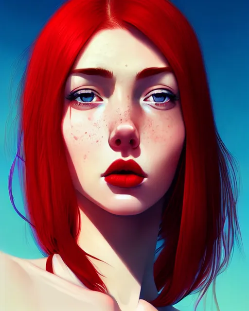Image similar to a detailed portrait of a stunning woman with red hair and freckles by ilya kuvshinov, digital art, dramatic lighting, dramatic angle