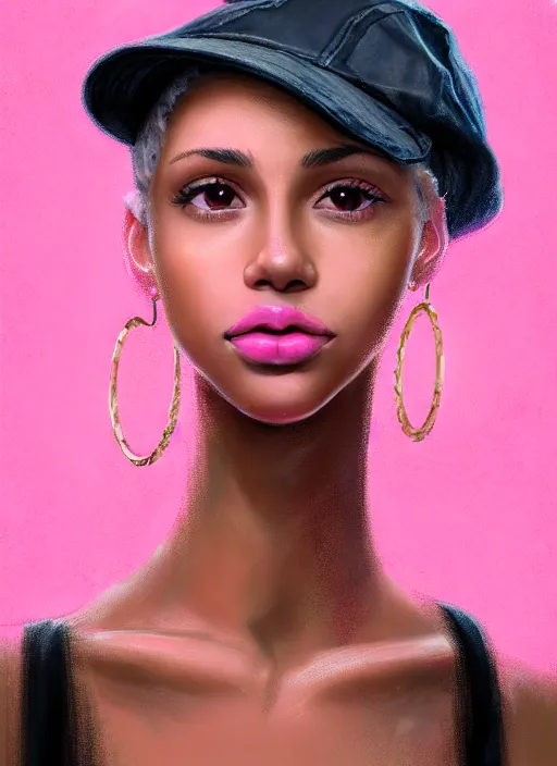 Image similar to portrait of teenage vanessa morgan with bright pink hair, black girl, vanessa morgan, curly pixie cut hair, wearing newsboy cap, newsboy cap, hoop earrings, intricate, elegant, glowing lights, highly detailed, digital painting, artstation, concept art, smooth, sharp focus, illustration, art by wlop, mars ravelo and greg rutkowski