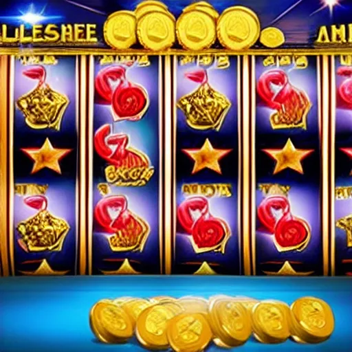 Image similar to A slot machine showing five stars and pouring out golden coins, realistic, unreal,