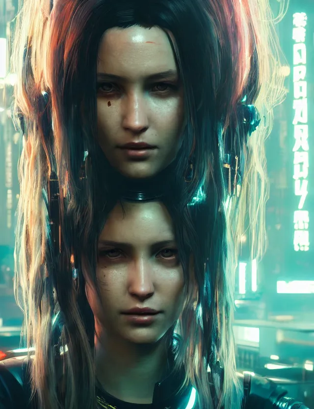 Image similar to close face portrait of a young female waitress as cyberpunk 2 0 7 7 concept art, art by ryo shiotani and greg rutkowski, intricate, beautiful, cute, cinematic lighting, vintage art by serge ivanoff, high resolution, very detailed