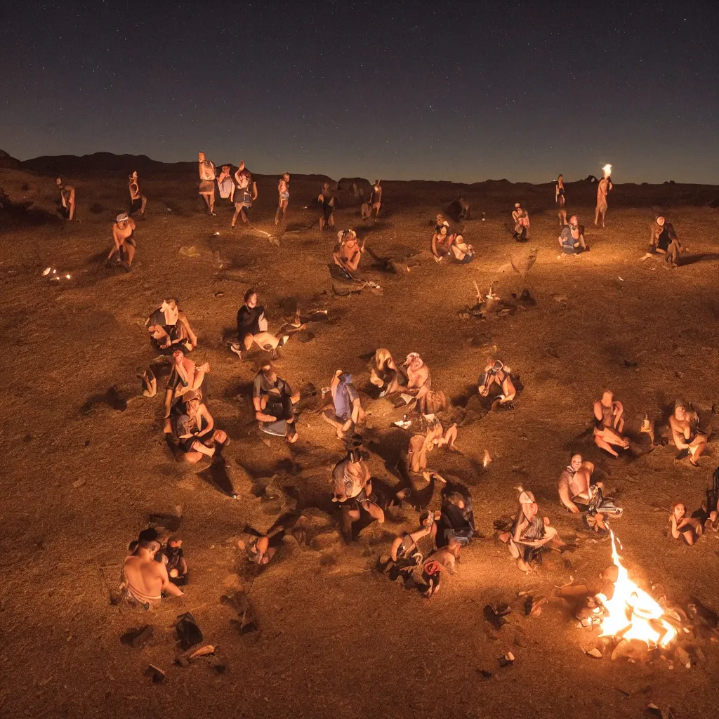 Prompt: stunning night photograph of doofers in the desert around a fire circle, accurate bodies