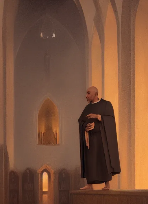 Image similar to symmetry!! oil painting of a weeping tonsured dominican monk in a brown habit, kneeling in a dark empty chapel, hazy, digital art, artstation, cinematic, golden hour, digital art painting by greg rutkowski, cozy atmosphere, cinematic lighting