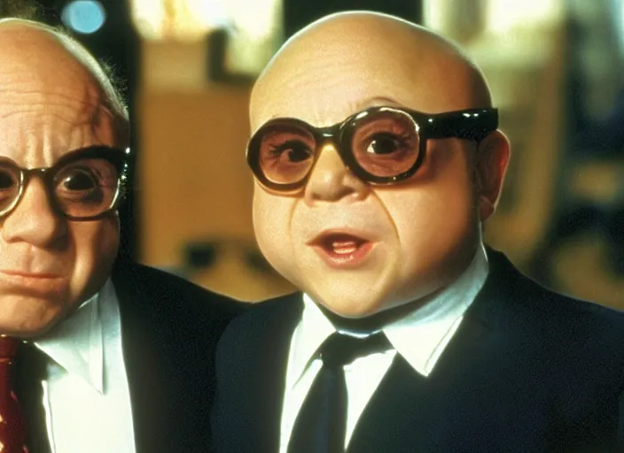 Prompt: film still of Danny Devito as Mini Me from Austin Powers 1999