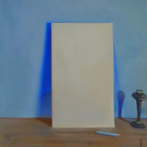 Image similar to oil painting of a of paper standing vertically against a blue background, impressionist artwork