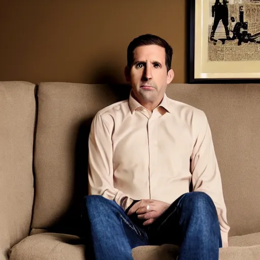 Image similar to full body photo of michael scott, mature male, mysterious face. he is sitting gracefully on a sofa, elegant slim beige shirt, tight shirt, bouncy belly