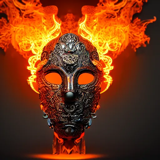 Prompt: an elaborate intricate mask made of flames on an obsidian slab, rendered in octane, behance hd, bokeh obsidian backdrop