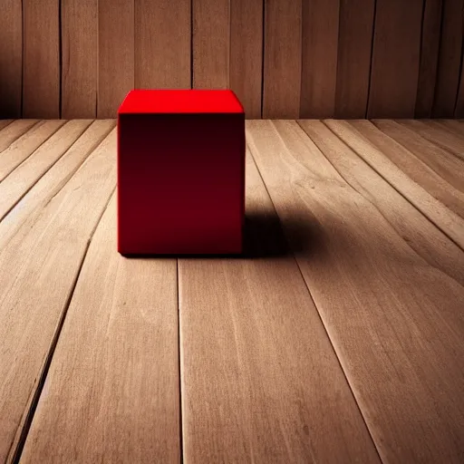 Prompt: a red metallic cube on a wooden floor
