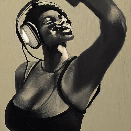 Image similar to a beautiful woman with headphones dancing by jason brooks