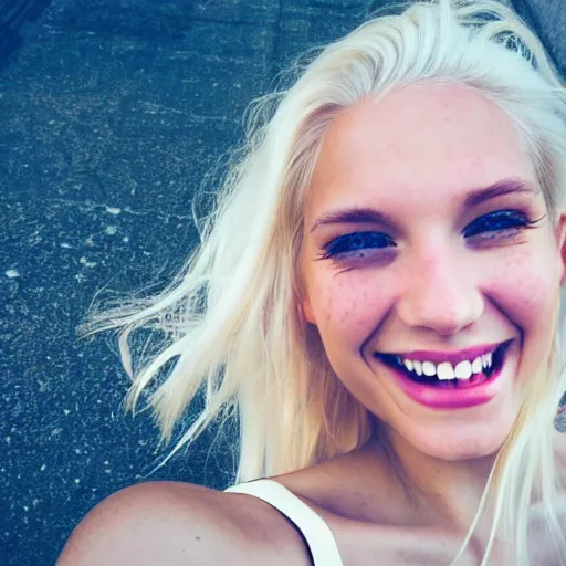 Image similar to beautiful selfie of a cute thin young woman smiling smugly, long light platinum blonde hair, flushed face, small heart - shaped face, cute freckles, light blue eyes, golden hour, 8 k, instagram