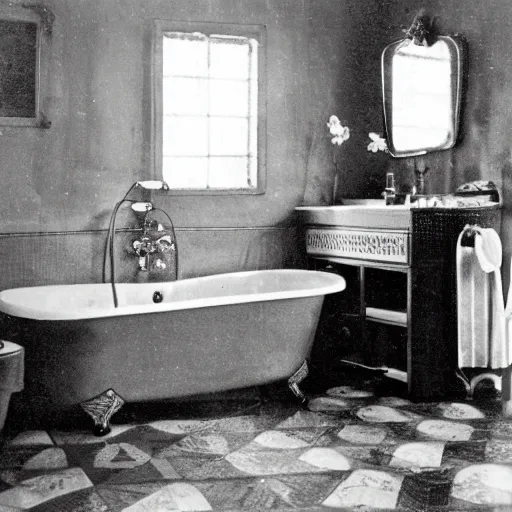 Prompt: a 1 9 5 0 s newspaper photo of a lavish bathroom. the mirror is shattered on the floor