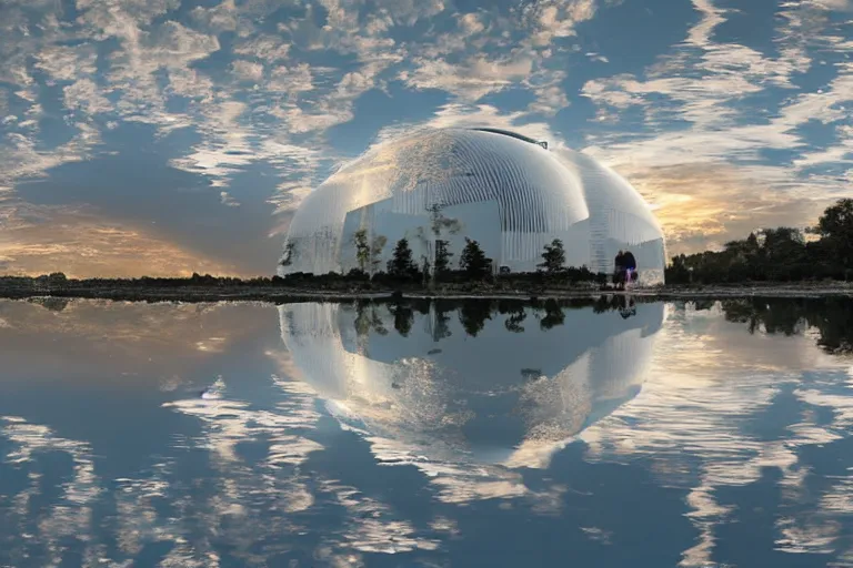 Image similar to a building composed of many multi - white spherical egg - shaped spaces. on the calm lake, people's perspective modern curved architecture, future, award winning, highly detailed 4 k art, dusk, by kazuyo sejima