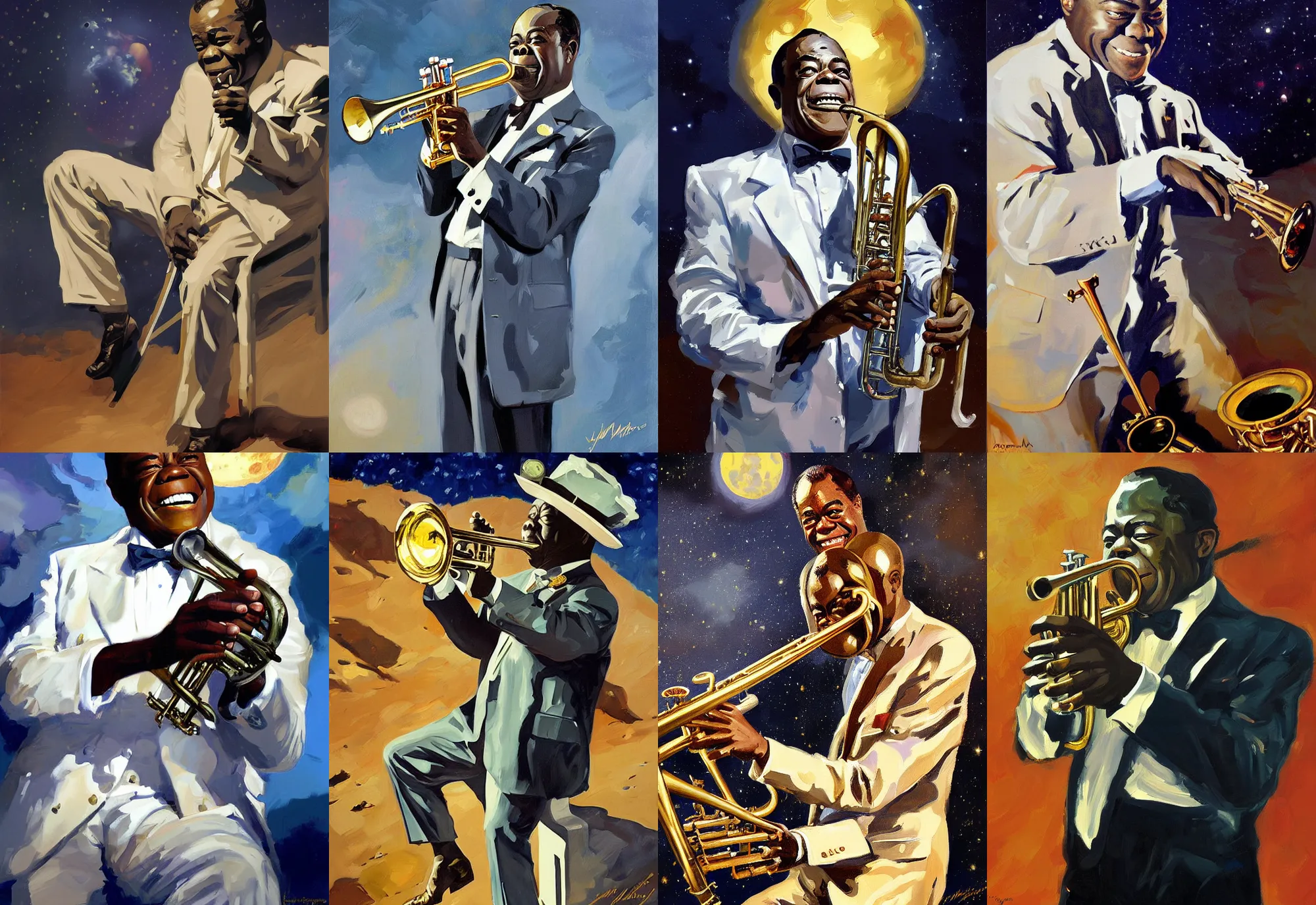 Prompt: a portrait of louis armstrong on the moon, by greg manchess and john singer sargent and jonathan yeo, dramatic lighting, highly detailed digital painting