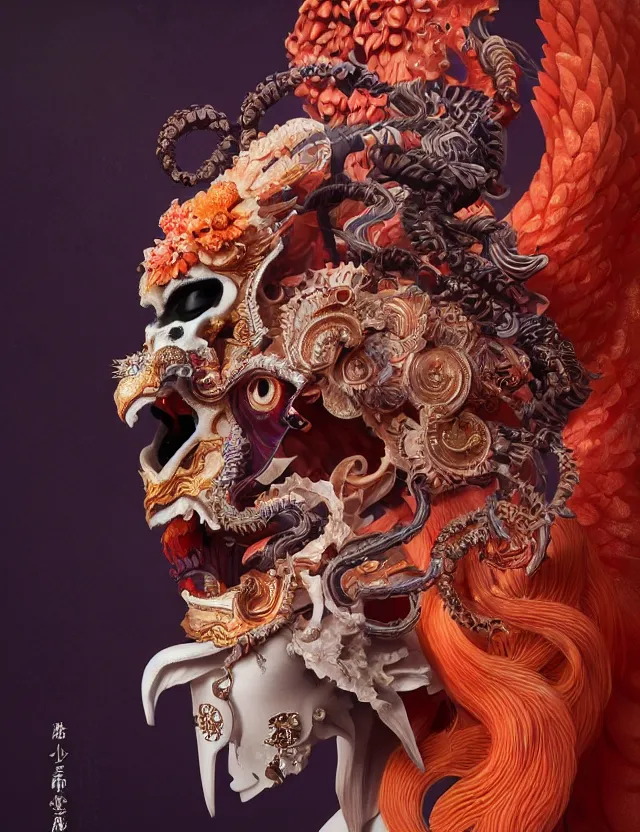 Image similar to 3 d goddess of hell close - up profile portrait with ram skull. beautiful intricately detailed japanese crow kitsune mask and clasical japanese kimono. betta fish, jellyfish phoenix, bio luminescent, plasma, ice, water, wind, creature, artwork by tooth wu and wlop and beeple and greg rutkowski