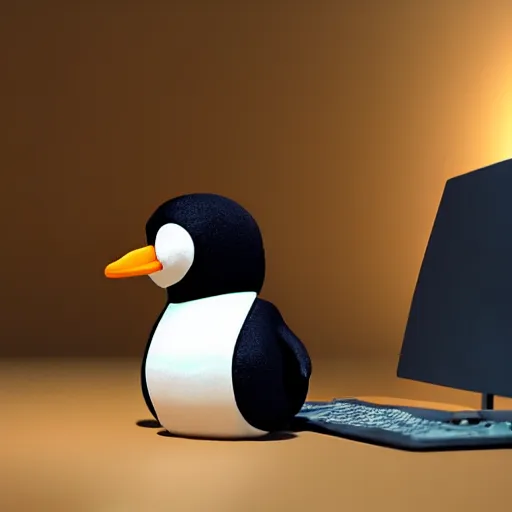 Image similar to pingu sitting behind a computer, 3 d render,, art, epic lighting, clay, claymation