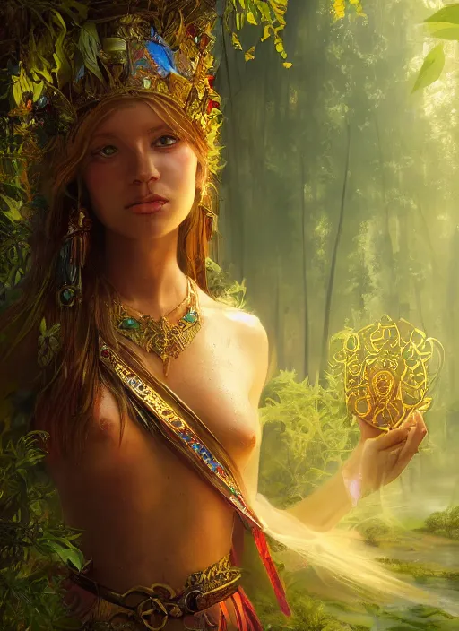 Image similar to Beautiful art portrait of a female fantasy priestess in a bright temple surrounded by lush forest, atmospheric lighting, intricate detail, cgsociety, hyperrealistic, octane render, RPG portrait, ambient light, dynamic lighting