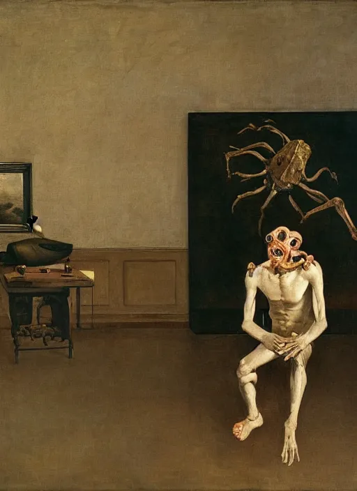 Prompt: a teratoma in the middle of a museum room realizing that he has consciousness painted by edward hooper and goya and giorgio de chirico
