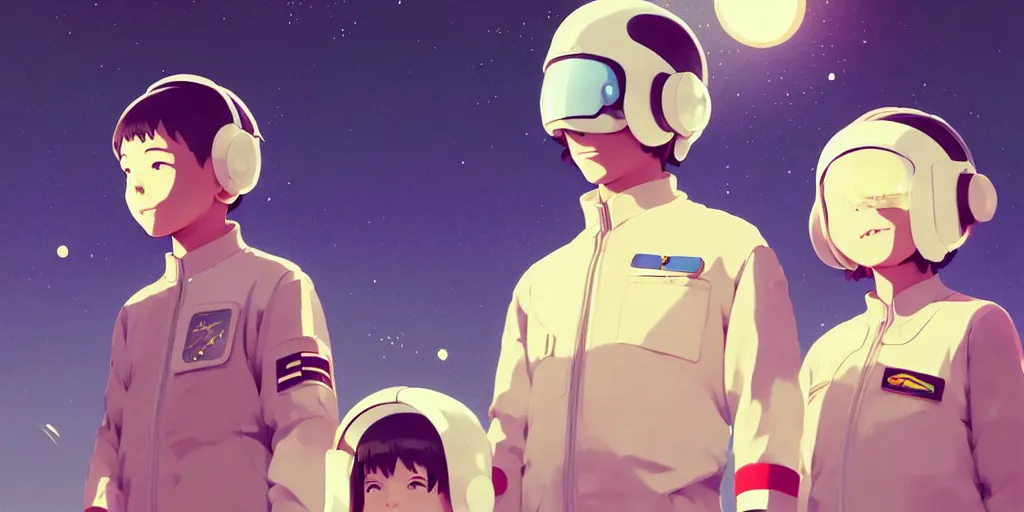 Image similar to 3 d portrait of smiling boy and girl teens with astronaut helmets by ilya kuvshinov, cloudy sky background lush landscape ln illustration concept art anime key visual trending pixiv by victo ngai fanbox by greg rutkowski makoto shinkai takashi takeuchi studio ghibli