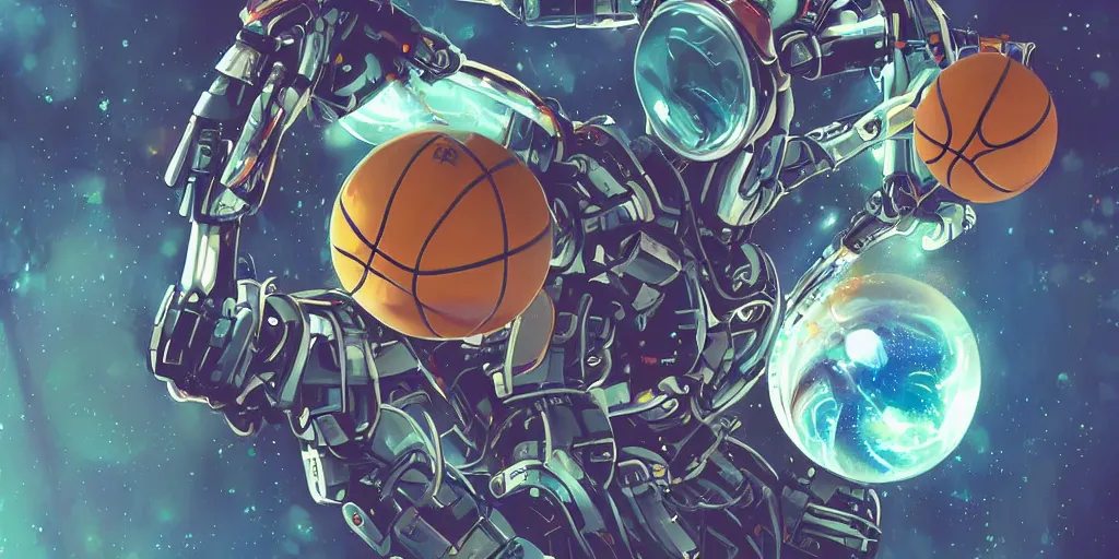 Prompt: digital painting of a robot dunking a basketball in space, highly detailed, science fiction, mix of styles, intricate, abstract, surreal, anime, ghost in the shell color scheme, masterpiece