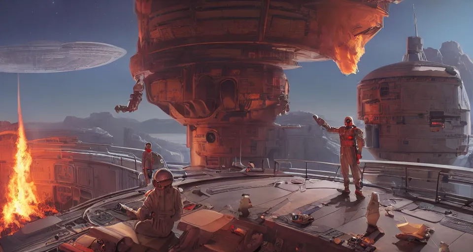 Image similar to roman caesar standing on the bridge of a space station looks out the window at a burning planet, realistic rendering, unreal engine, 4k, hdr, high dynamic range, f12, michael whelan, simon stalenhag, high tech, star wars cavern interior