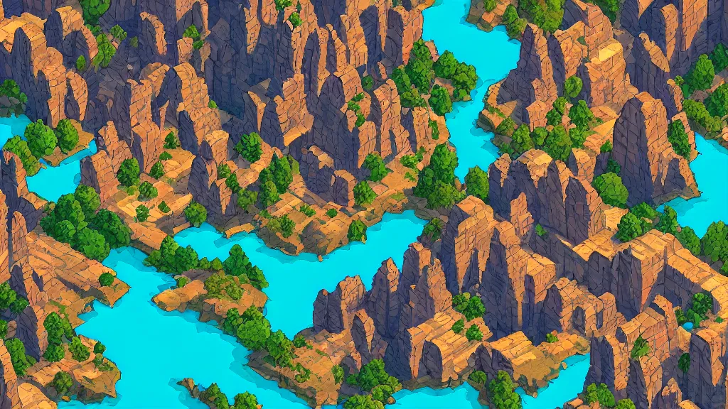 Image similar to ! dream aerial isometric view of a great canyon filled with resources, art from a resource gathering game