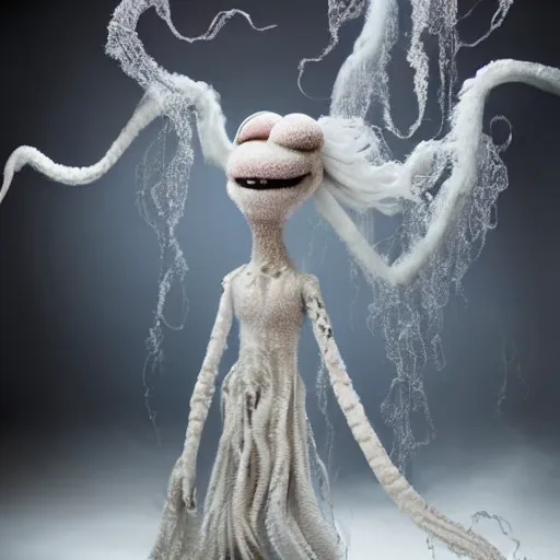 Prompt: ethereal ghostly live action muppet wraith like figure with a parasitic squid head, four long tentacles for arms that flow gracefully at its sides like a cloak, a long fluffy snake tail instead of legs, it stalks around frozen forests searching for lost souls to consume, hides in the shadows of trees, this character uses hydrokinesis and electrokinesis, it is a real muppet by sesame street, photo realistic, real, realistic, felt, stopmotion, photography, sesame street