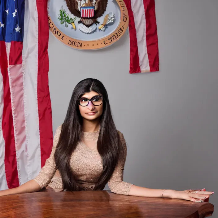 Prompt: portrait of Mia Khalifa as the President of United States, by Charlotte Grimm, natural light, detailed face, CANON Eos C300, ƒ1.8, 35mm, 8K, medium-format print