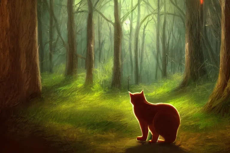 Image similar to a forest with a cat, trending on artstation, by wayne mcloughlin, backlighting