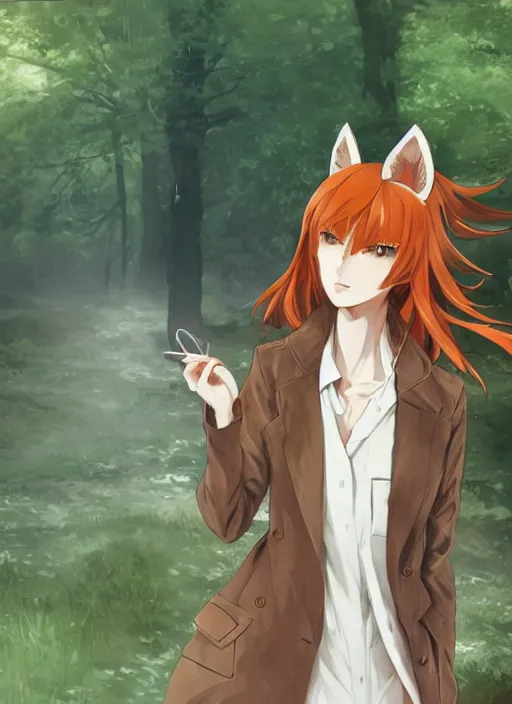 Image similar to girl with fox ears, tired eyes, long wavy orange hair, light brown trenchcoat, forest background, focus on face, pretty, moody lighting, painterly, illustration by shigenori soejima, by tatsuki fujimoto, by yoji shinakawa