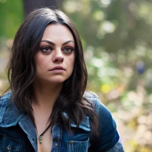 Image similar to Mila Kunis in an indie slasher movie, movie still, XF IQ4, f/1.4, ISO 200, 1/160s, 8K, RAW, unedited, symmetrical balance, in-frame, sharpened