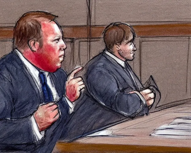 Image similar to alex jones courtroom sketch court trial dancing lobsters