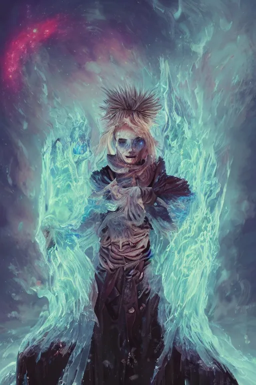 Image similar to frozen elderly person, necromancer, witch - doctor covered with ice exploding into fire, electricity highly detailed, high contrast, light reflection, trippy, nebula, trending on artstation by artgem, by peter mohrbacher, by wlop, by ruan jia