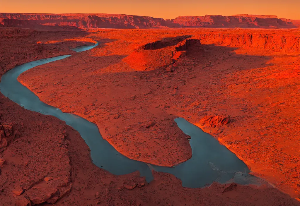 Image similar to a river bend running through a canyon surrounded by desert mountains at sunset on mars, planet mars, moab, utah, a tilt shift photo by frederic church, trending on unsplash, hudson river school, photo taken with provia, national geographic photo